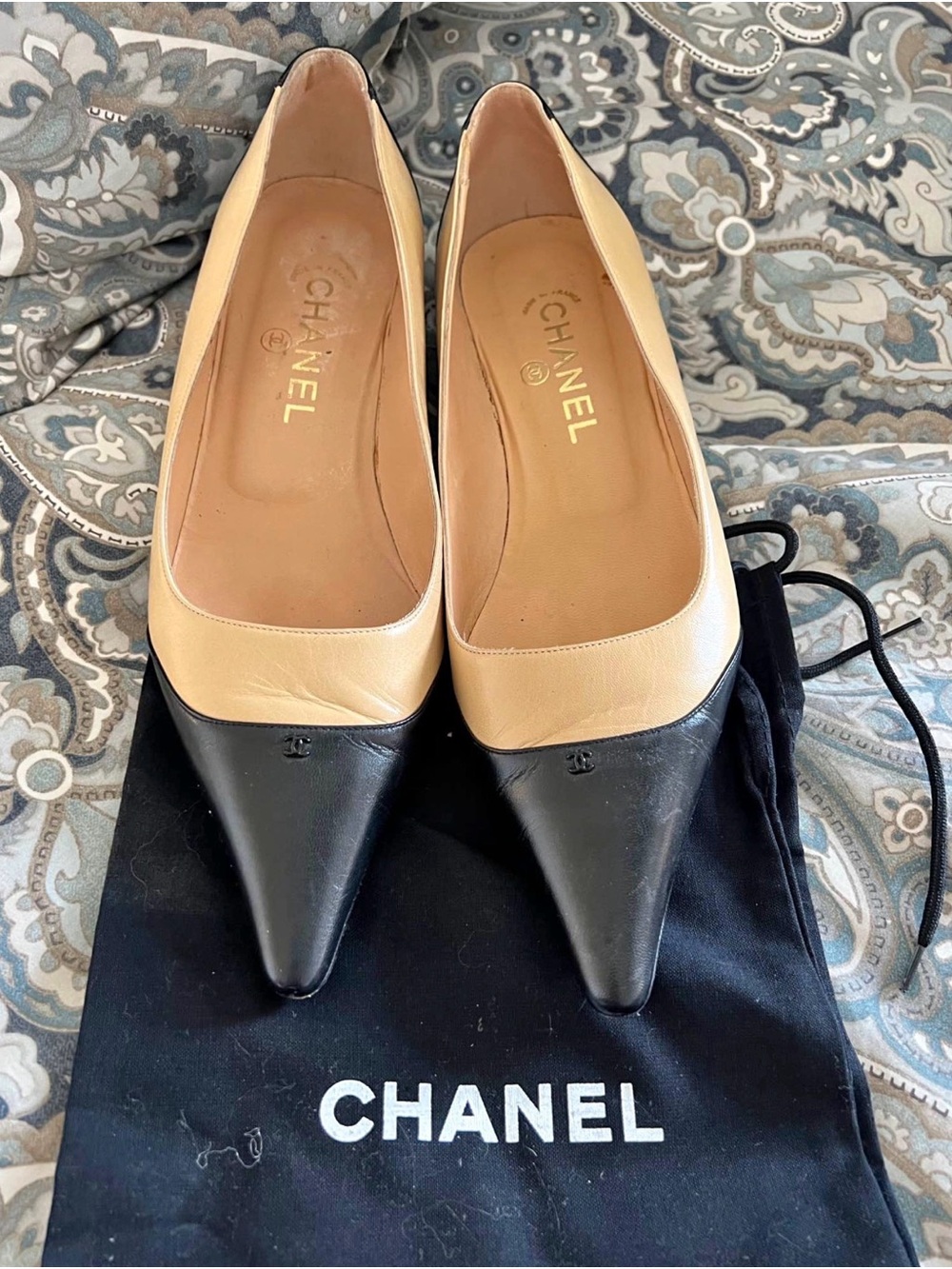 CHANEL Beige and Black Pointed Toe Heels